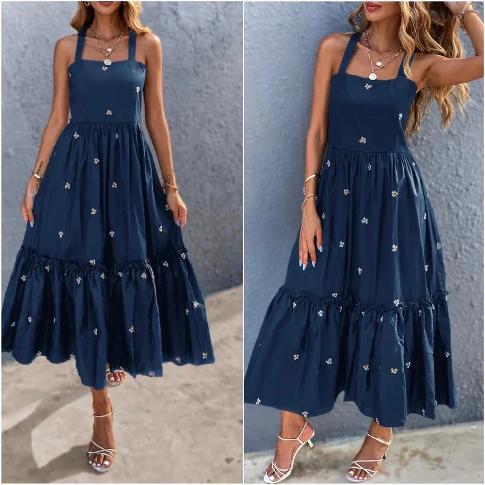Boho Navy Blue Embroidered Floral Criss Cross Ruffle Dress - Picture 2 of 4